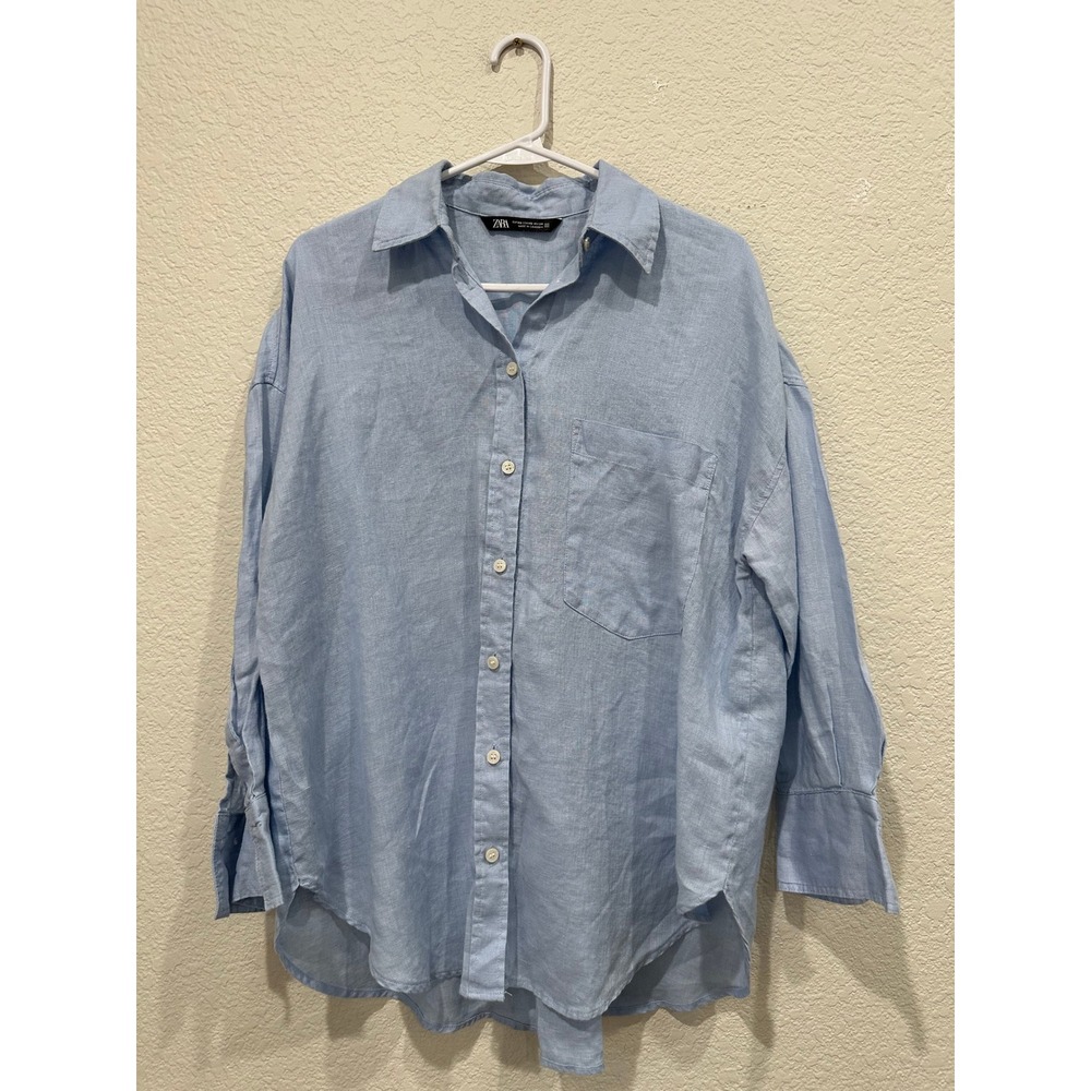 Zara Women Light Blue 100% Linen Oversized Button Down Shirt XS